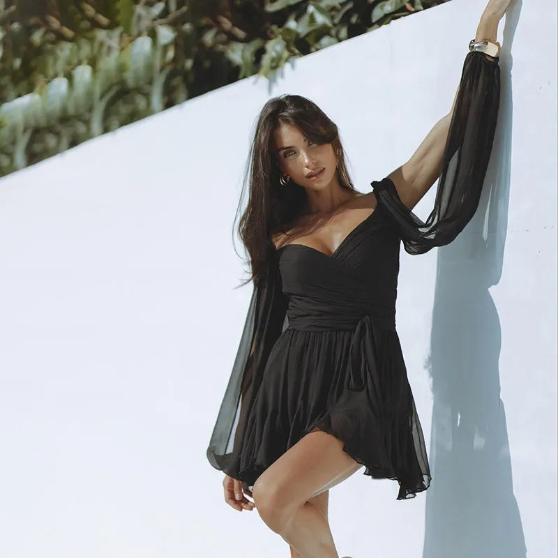 Deep V-Neck A-Line Dress with Ruffles