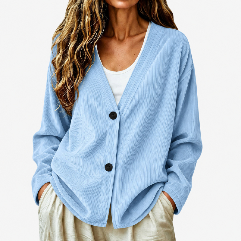 Ribbed V-Neck Button Cardigan
