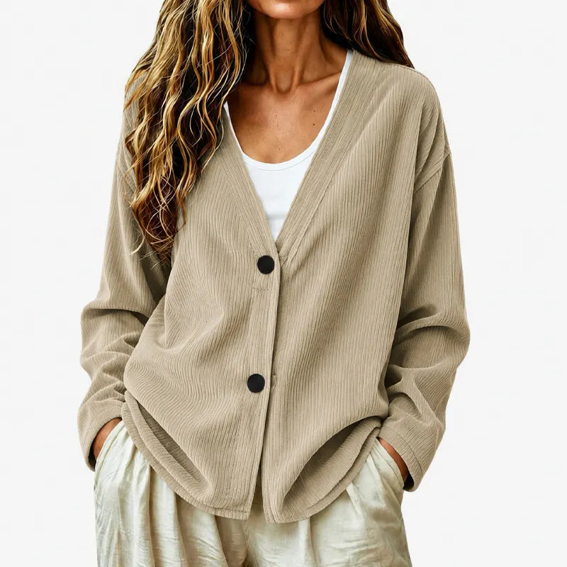 Ribbed V-Neck Button Cardigan