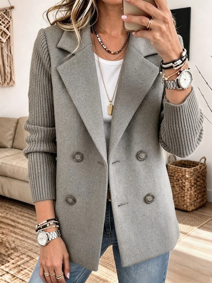 Double-Breasted Jacket with Ribbed Knit Sleeves