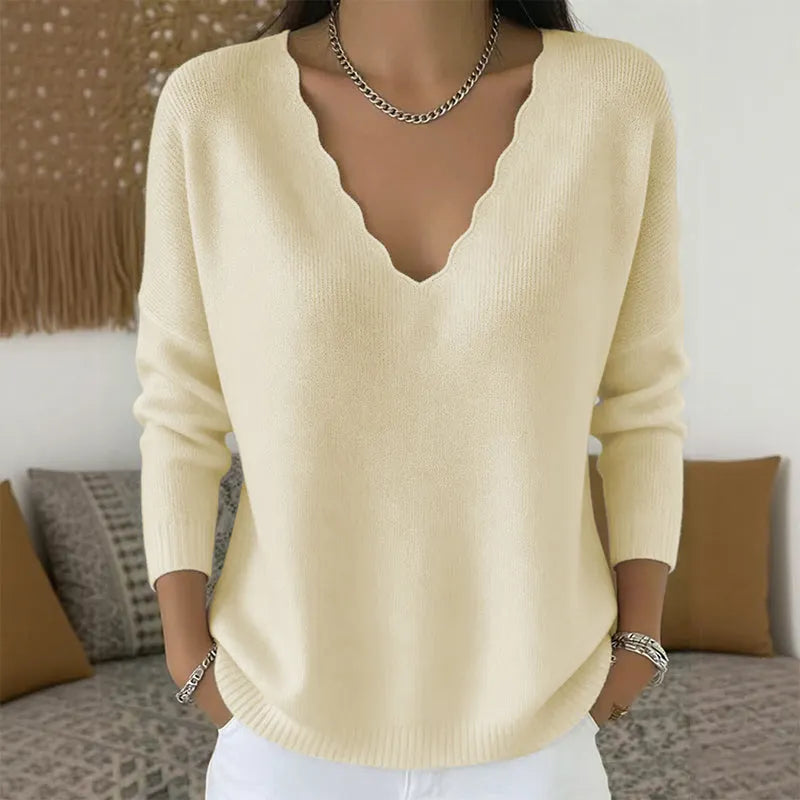 Scalloped V-Neck Knit Sweater