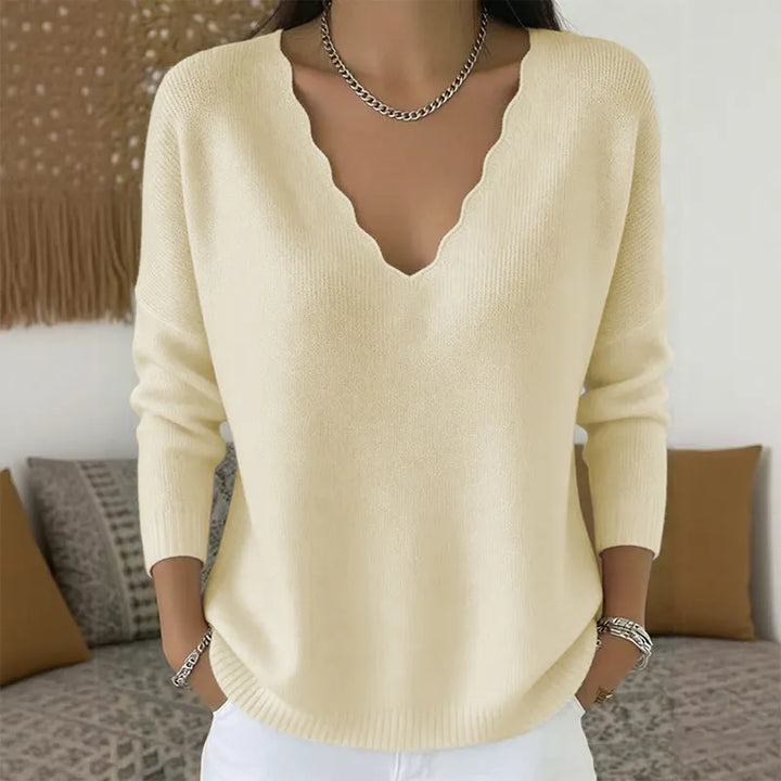 Scalloped V-Neck Knit Sweater