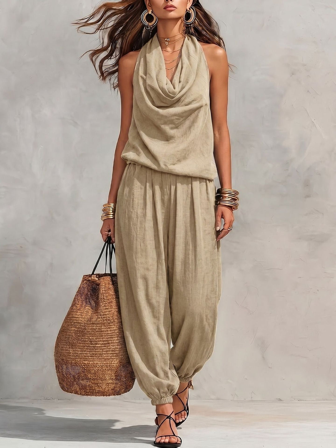 Sleeveless Cowl Neck Wide-Leg Jumpsuit