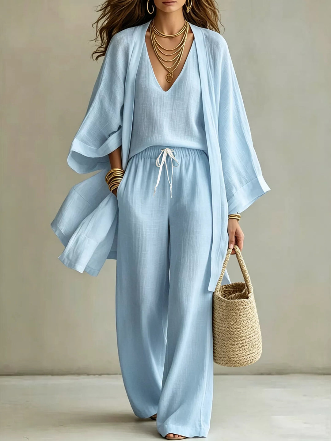 V-Neck Top, Cardigan & Pants Three-Piece Set