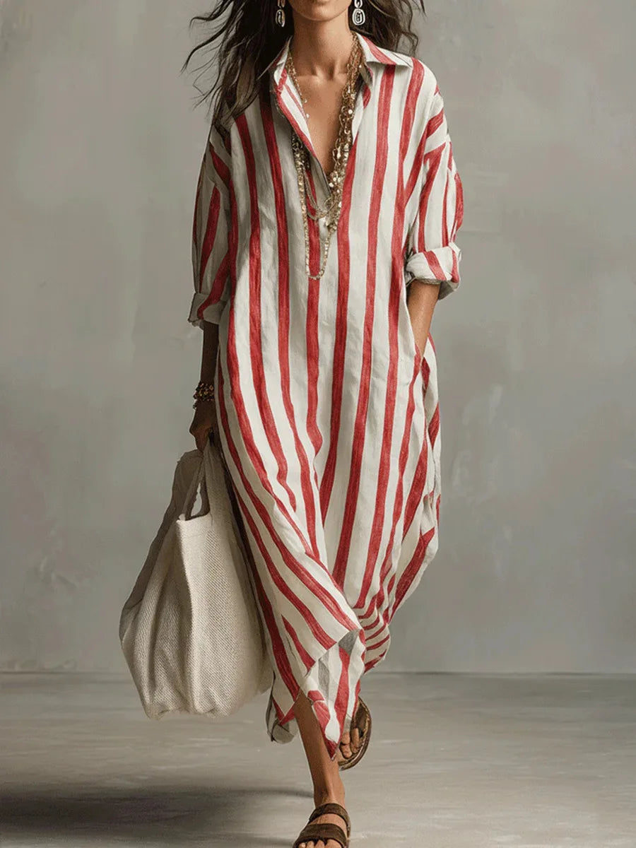 Striped Maxi Shirt Dress with Collar and Long Sleeves