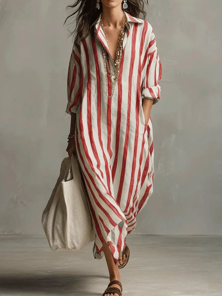 Striped Maxi Shirt Dress with Collar and Long Sleeves