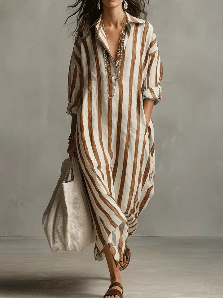 Striped Maxi Shirt Dress with Collar and Long Sleeves