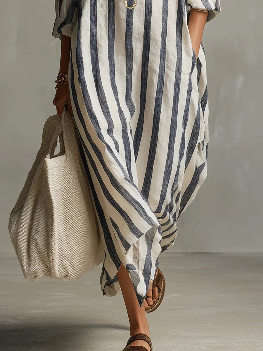 Striped Maxi Shirt Dress with Collar and Long Sleeves
