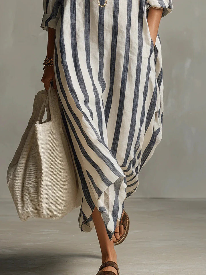 Striped Maxi Shirt Dress with Collar and Long Sleeves