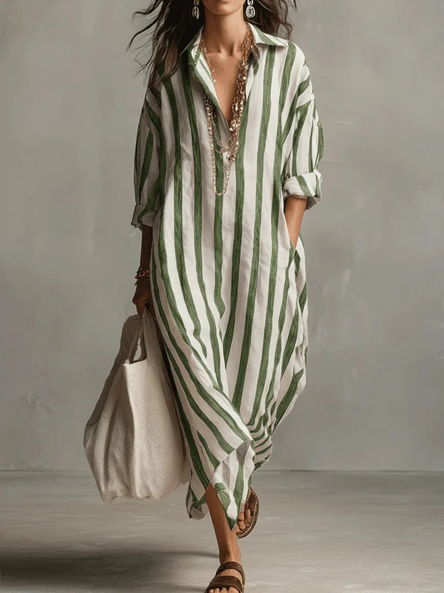 Striped Maxi Shirt Dress with Collar and Long Sleeves