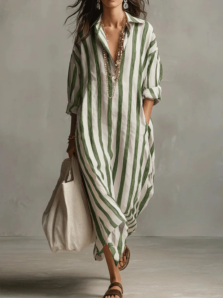Striped Maxi Shirt Dress with Collar and Long Sleeves