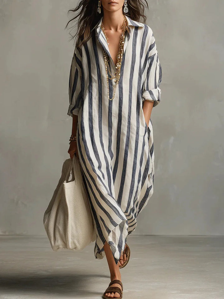 Striped Maxi Shirt Dress with Collar and Long Sleeves