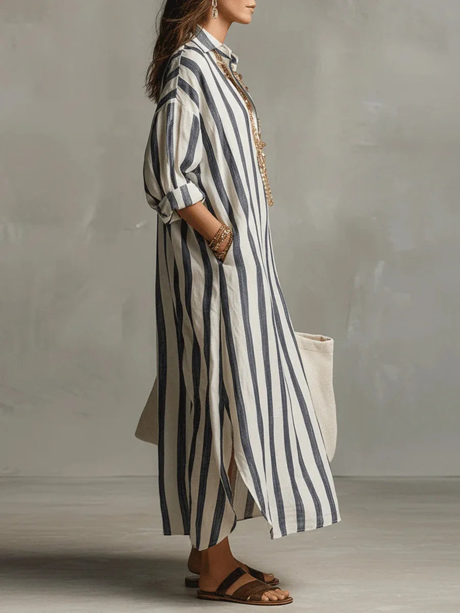Striped Maxi Shirt Dress with Collar and Long Sleeves