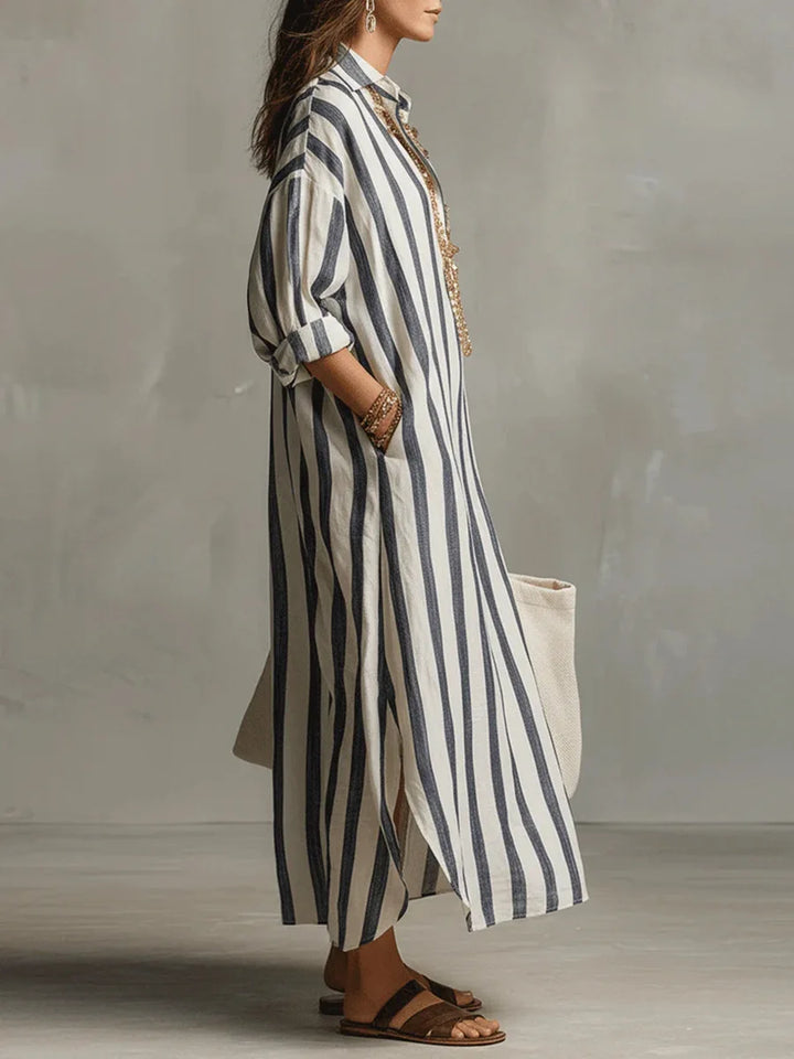 Striped Maxi Shirt Dress with Collar and Long Sleeves
