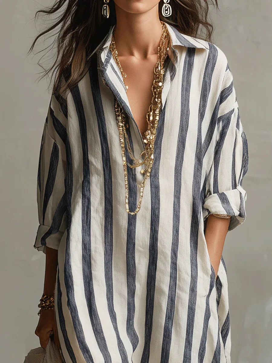 Striped Maxi Shirt Dress with Collar and Long Sleeves