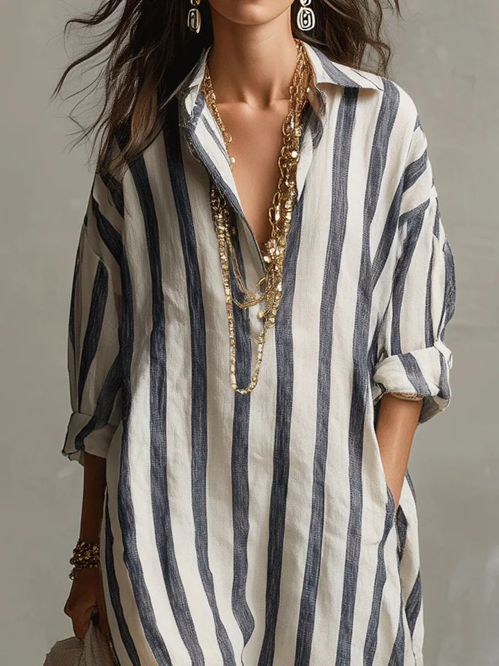 Striped Maxi Shirt Dress with Collar and Long Sleeves
