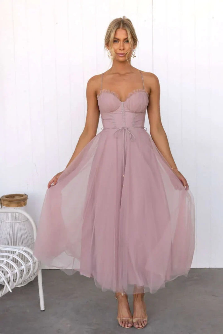 Summer Corset Midi Dress with Tulle Skirt & Spaghetti Straps