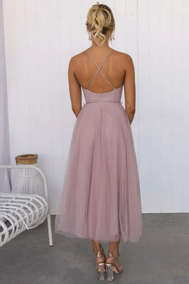 Summer Corset Midi Dress with Tulle Skirt & Spaghetti Straps