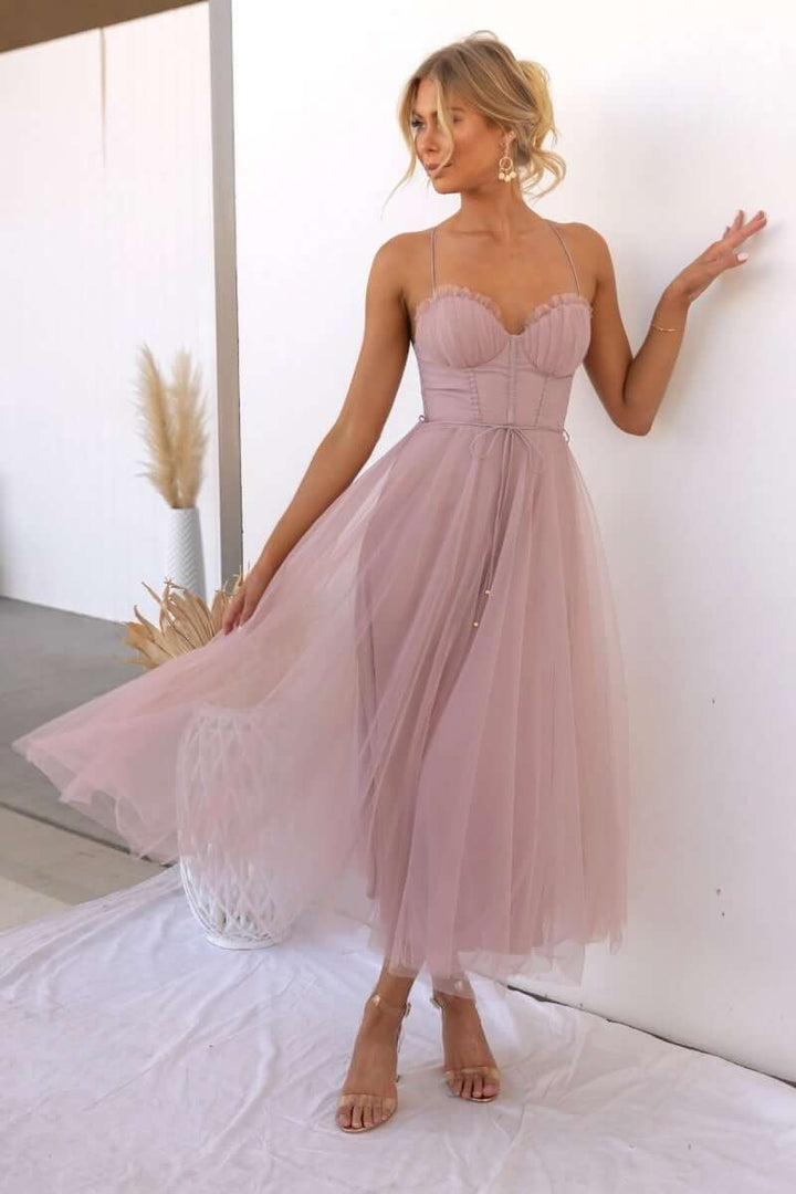 Summer Corset Midi Dress with Tulle Skirt & Spaghetti Straps