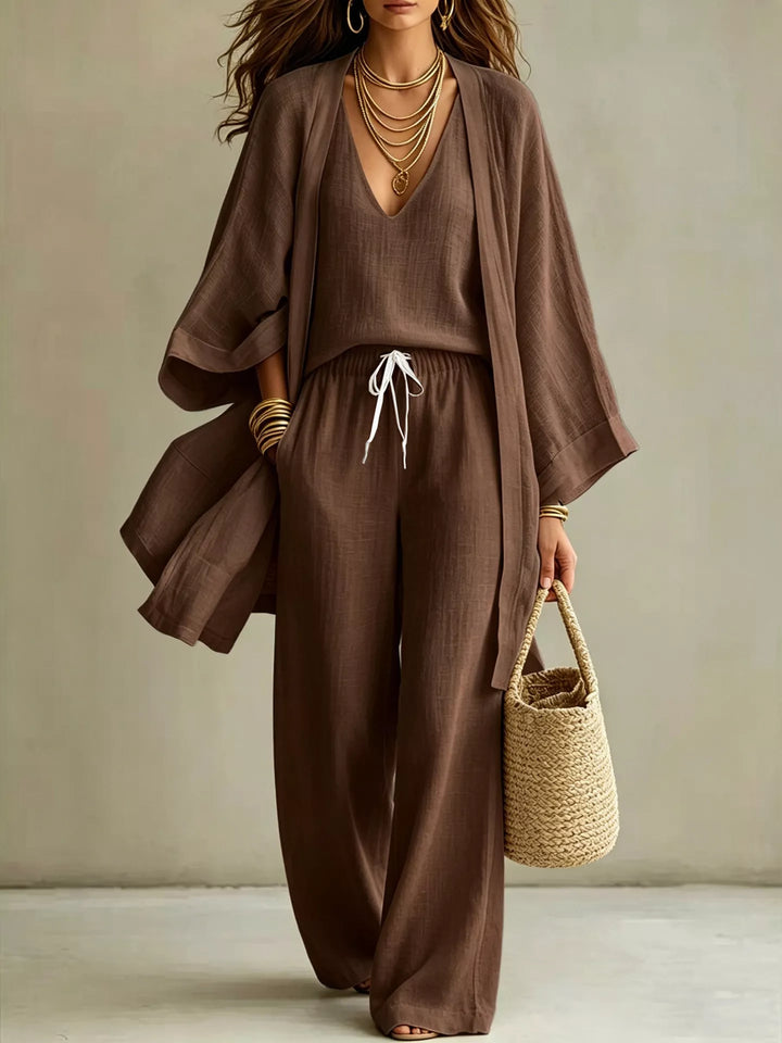 V-Neck Top, Cardigan & Pants Three-Piece Set