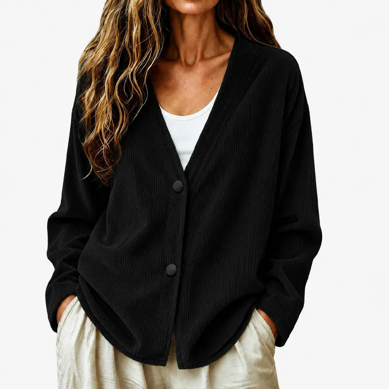 Ribbed V-Neck Button Cardigan