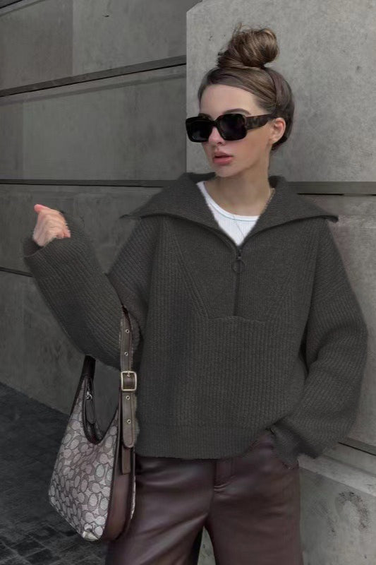 Vintage Notched V-Neck Knit Top for Women