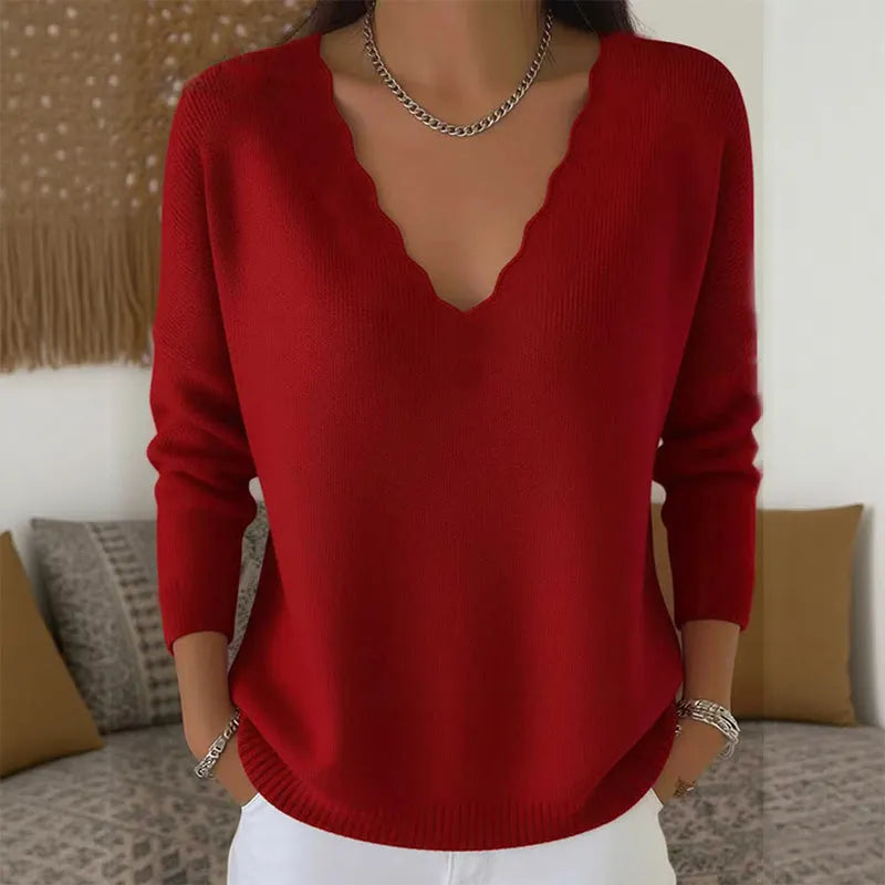 Scalloped V-Neck Knit Sweater