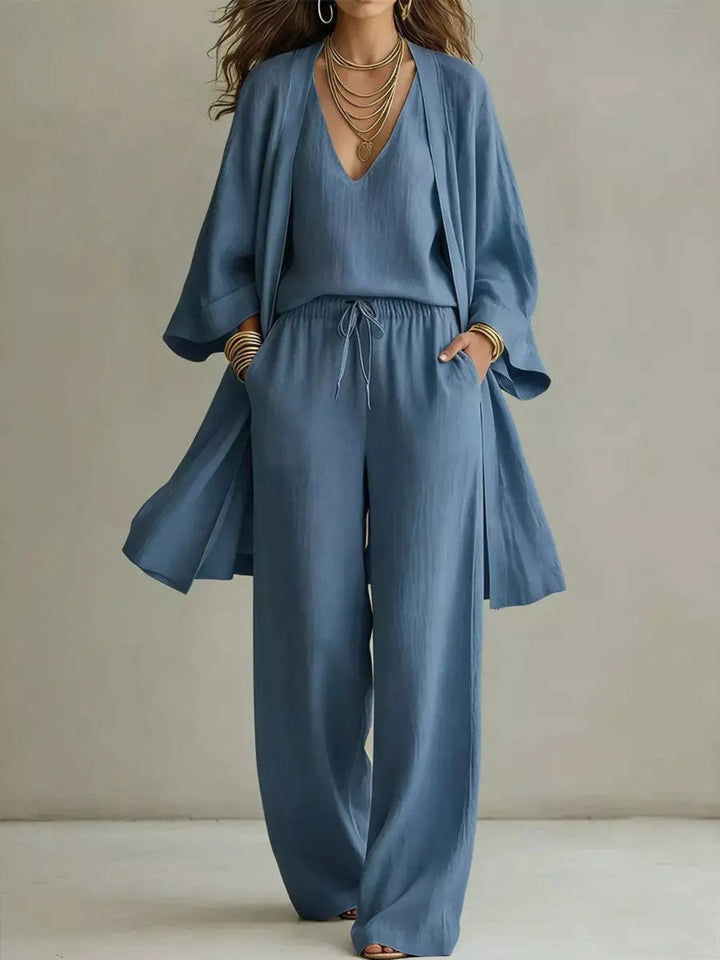 V-Neck Top, Cardigan & Pants Three-Piece Set