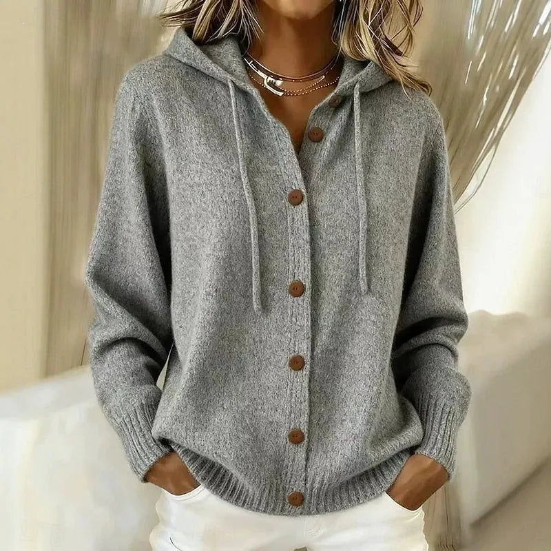 Hooded Button-Up Soft Knit Cardigan
