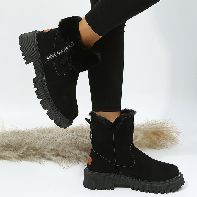 Black & Khaki Faux Suede Fur-Lined Ankle Boots