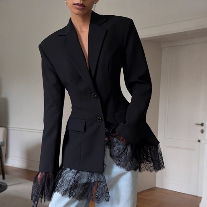 Black Lace-Trim Tailored Blazer