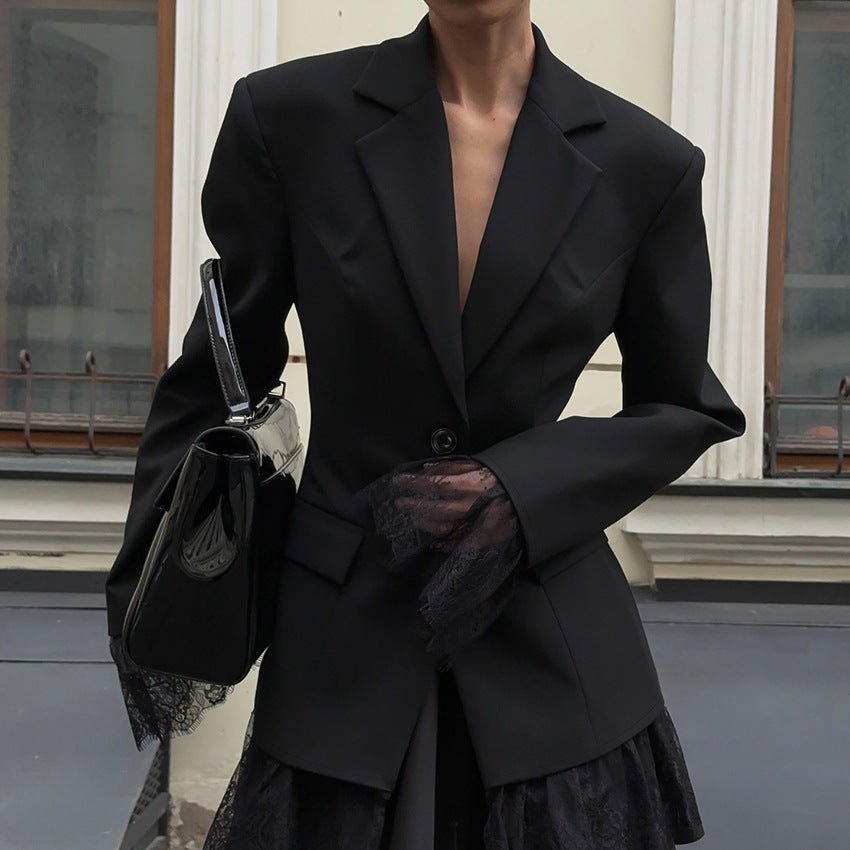 Black Lace-Trim Tailored Blazer