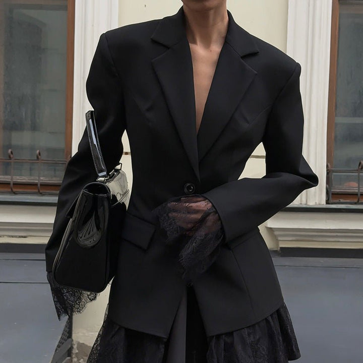 Black Lace-Trim Tailored Blazer