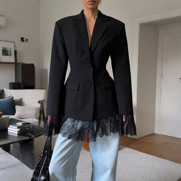Black Lace-Trim Tailored Blazer
