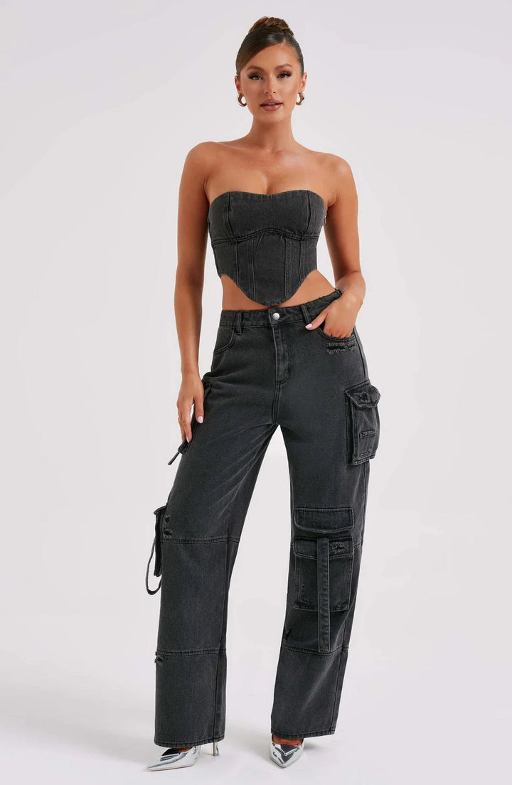 Denim Corset & Cargo Trouser Two-Piece Set for Women