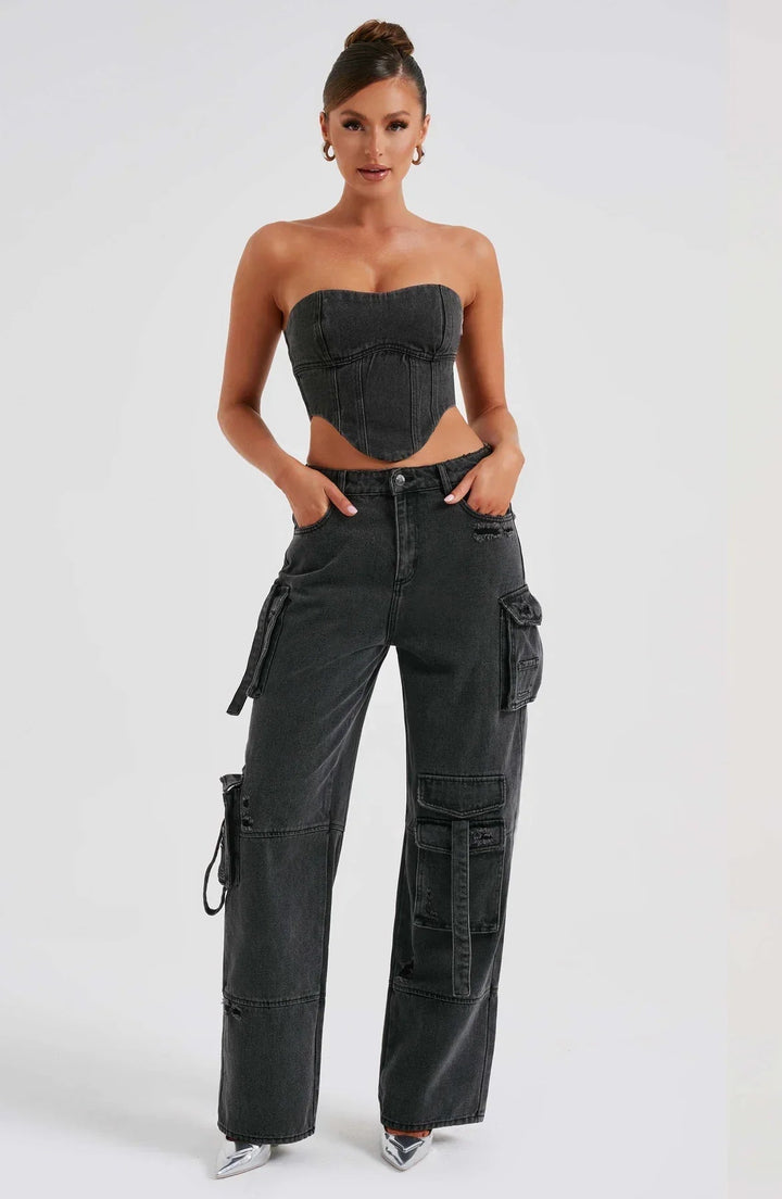Denim Corset & Cargo Trouser Two-Piece Set for Women