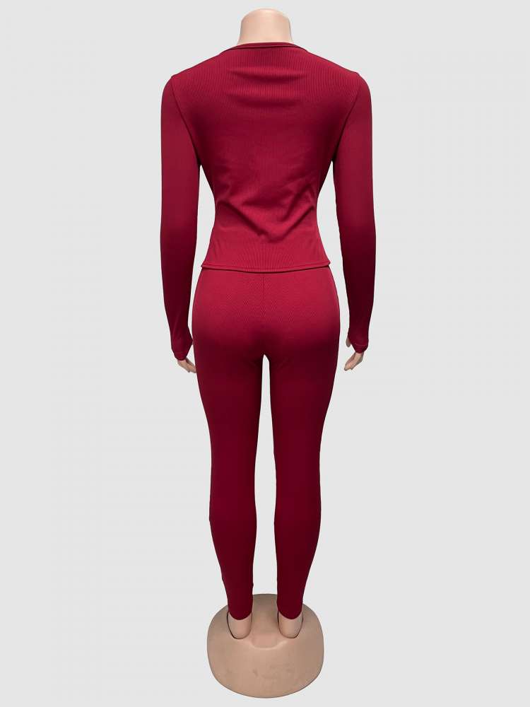 Burgundy Lace-Up Knit Two-Piece Set