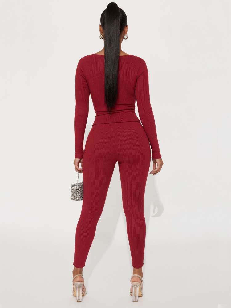 Burgundy Lace-Up Knit Two-Piece Set