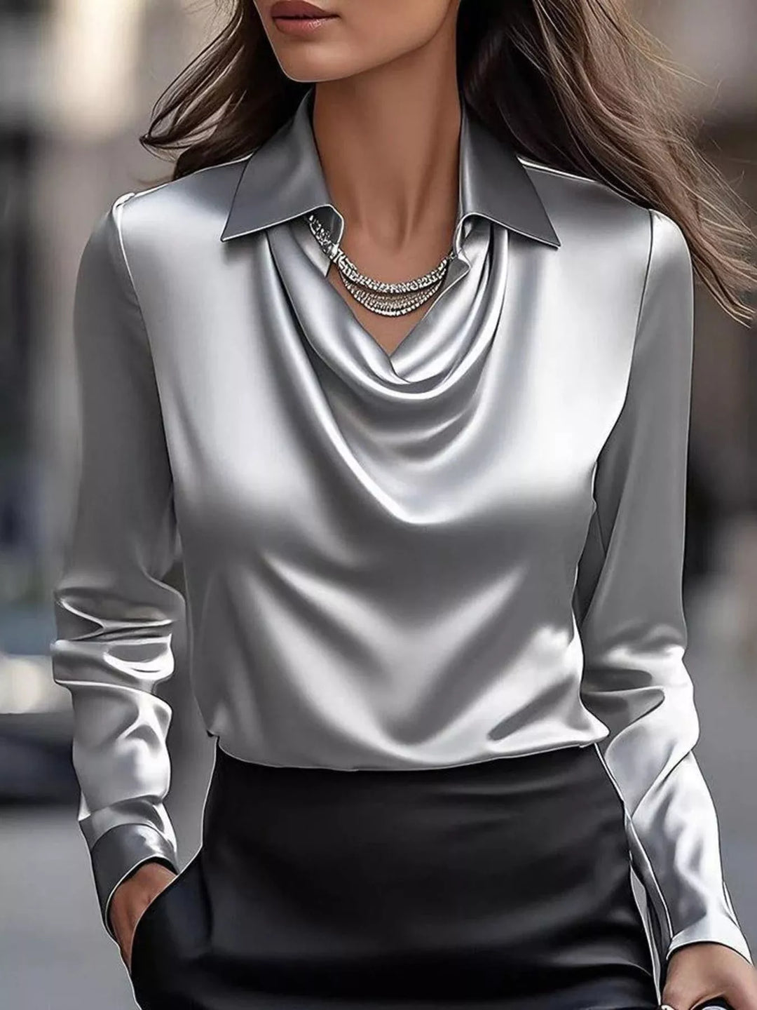 Satin Cowl Neck Long Sleeve Blouse