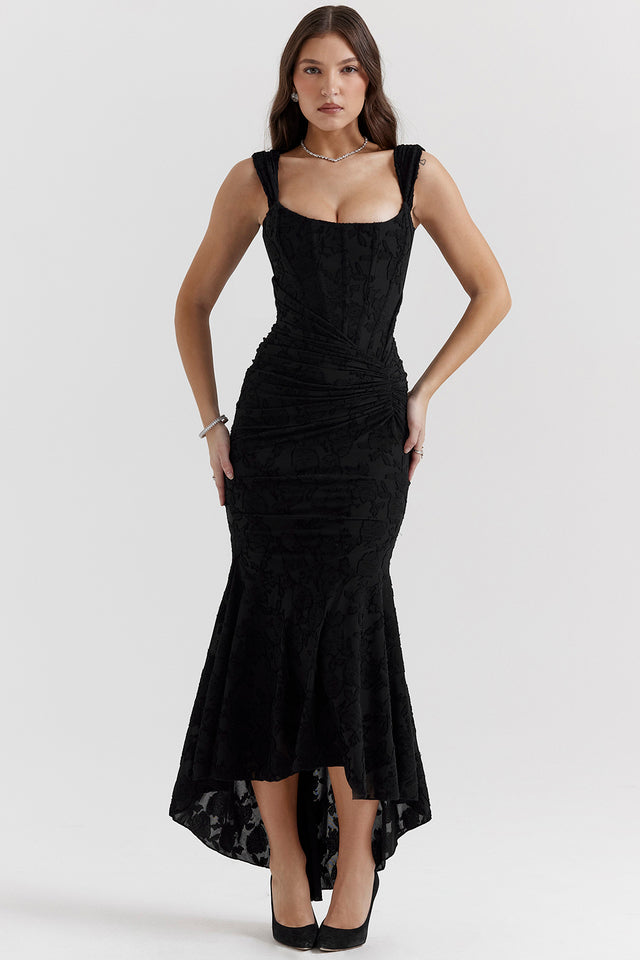 Draped Corset Gown with High-Low Hem