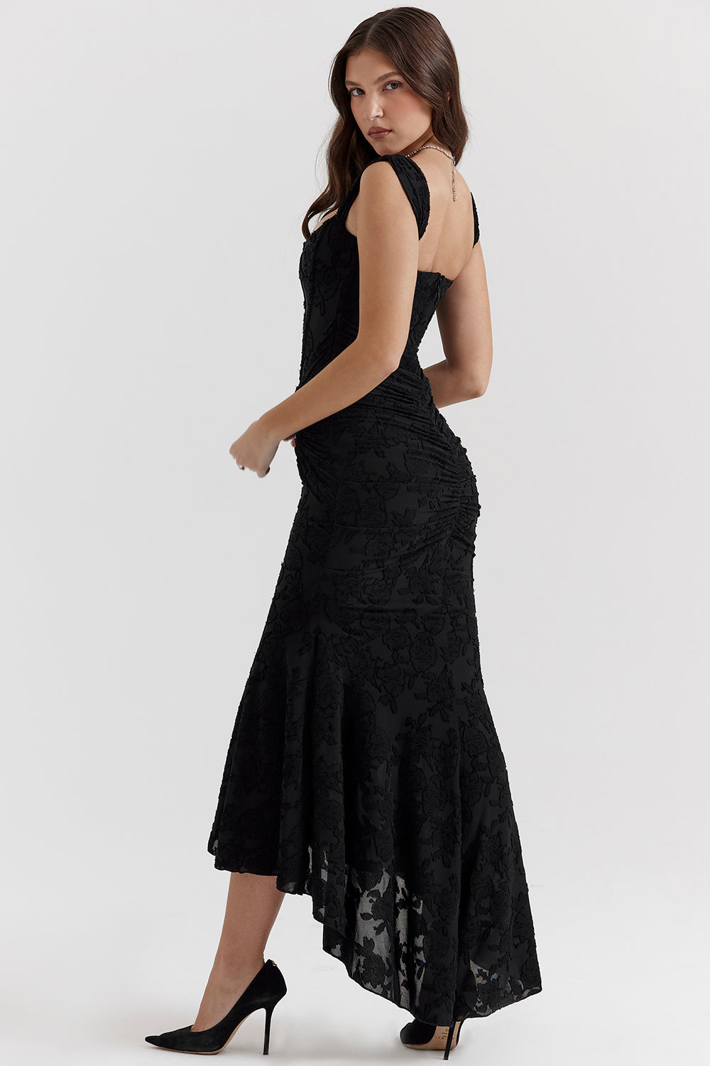 Draped Corset Gown with High-Low Hem