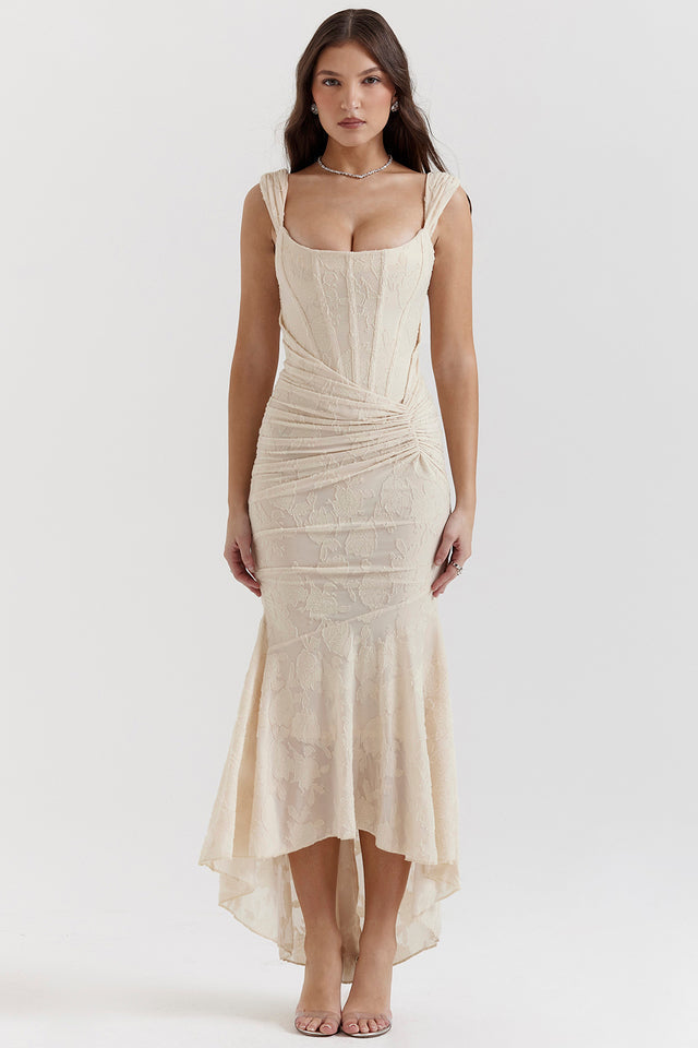 Draped Corset Gown with High-Low Hem