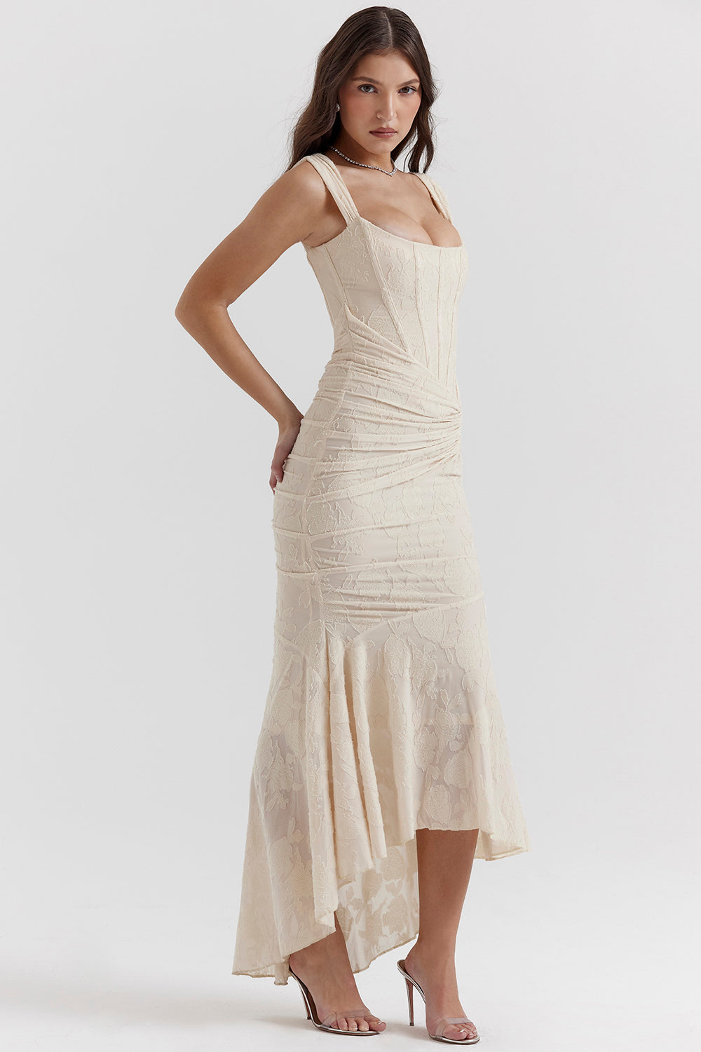 Draped Corset Gown with High-Low Hem