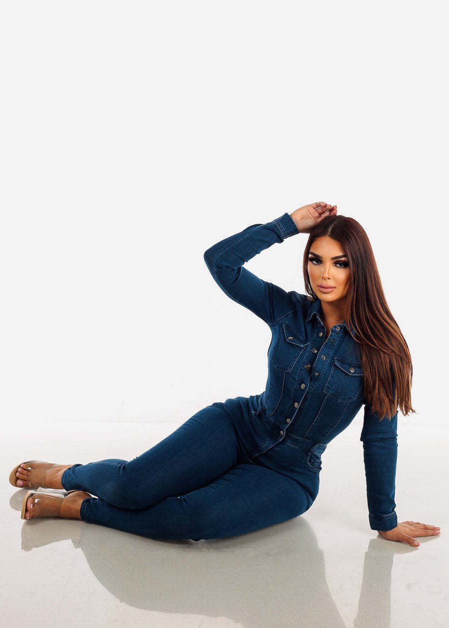Collared Long Sleeve Denim Jumpsuit