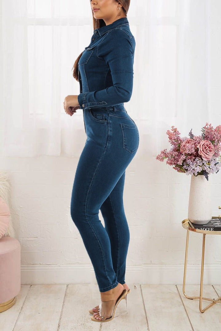 Collared Long Sleeve Denim Jumpsuit