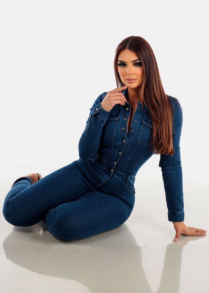 Collared Long Sleeve Denim Jumpsuit