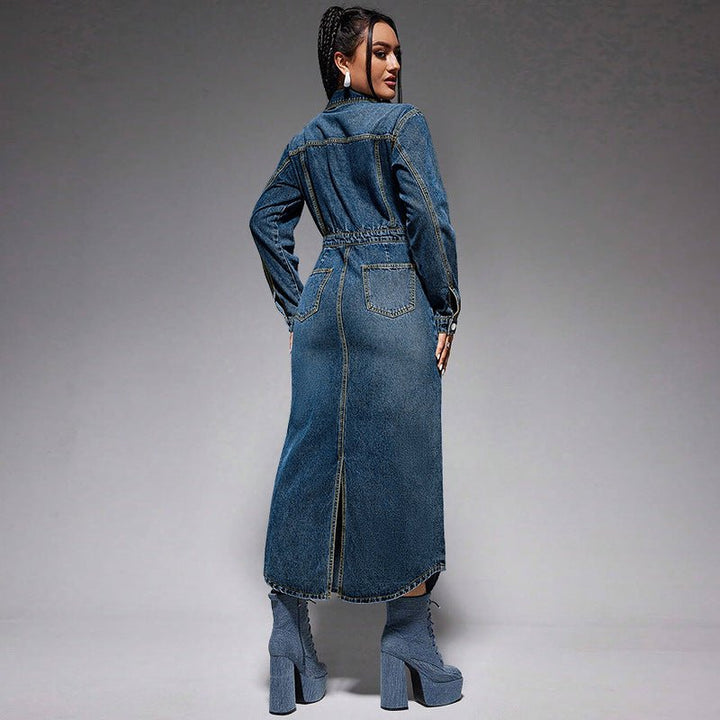 Long Sleeve Button-Up Denim Midi Dress