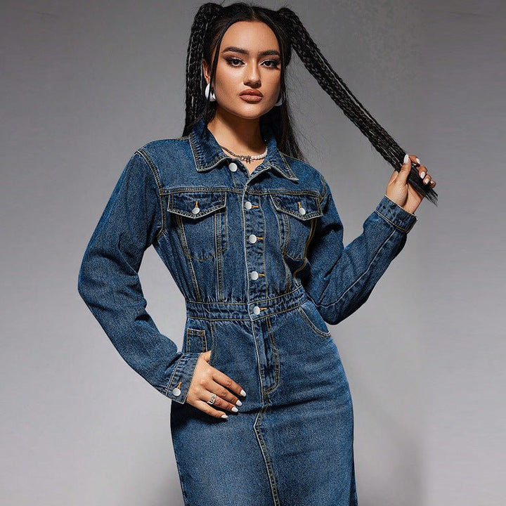 Long Sleeve Button-Up Denim Midi Dress