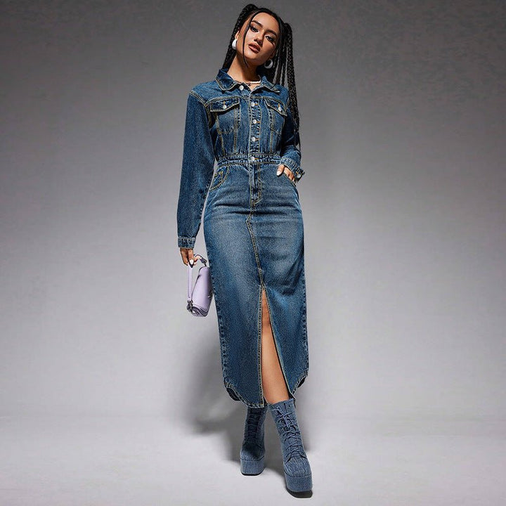 Long Sleeve Button-Up Denim Midi Dress