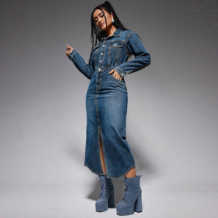 Long Sleeve Button-Up Denim Midi Dress